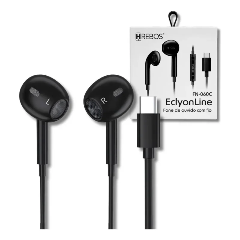 Imagem 5 de 5 do produto Fone De Ouvido Hrebos Fn-060c Eclyonline Com Fio Usb Type-c Preto Com Controle De Volume E Chamadas