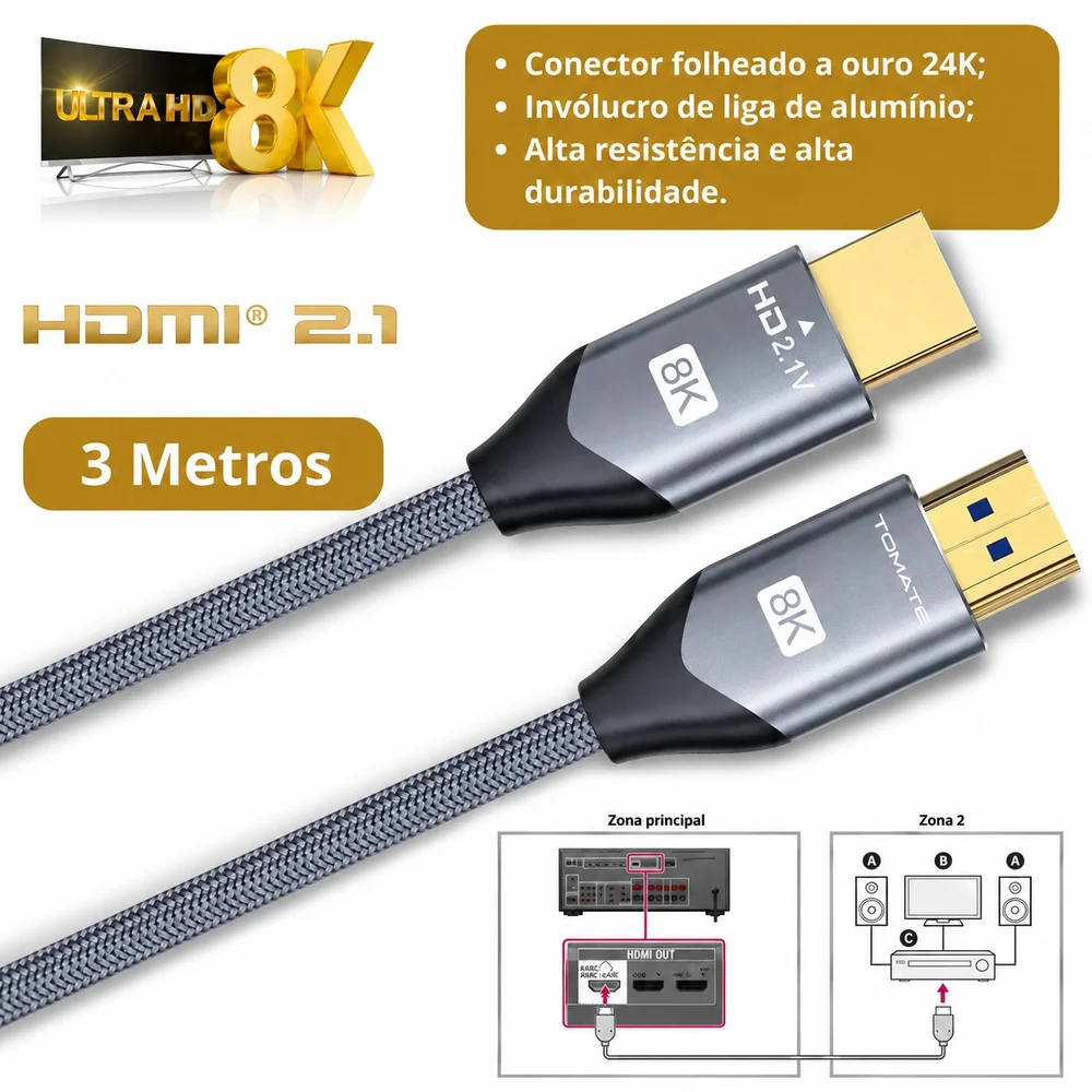 Imagem 3 de 5 do produto Cabo HDMI 2.1 8k Hd 60hz 4k 120hz Alta Velocidade Tomate 3 Metros
