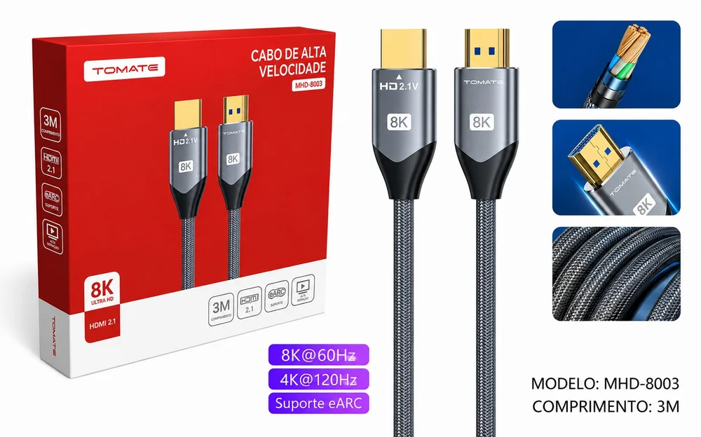 Imagem 4 de 5 do produto Cabo HDMI 2.1 8k Hd 60hz 4k 120hz Alta Velocidade Tomate 3 Metros