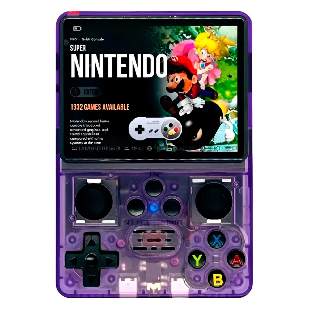 Imagem 1 de 1 do produto Console Portátil R35s 128GB Tela 3.5 Ips Roxo Transparente Retro Emulador Jogos Clássicos Portátil Com Cartão Sd