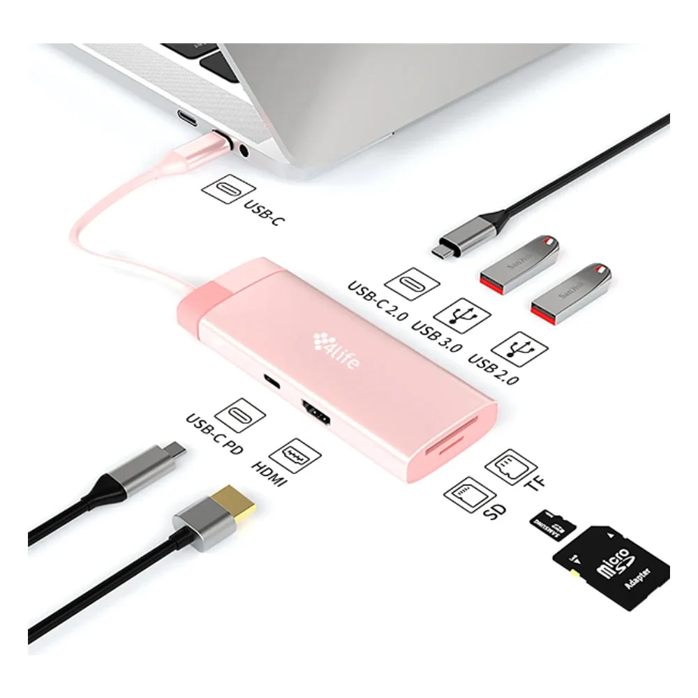 Imagem 2 de 5 do produto Hub Adaptador Multiporta 4life Fl7apink Usb-c / 7 Em 1 / Usb-c Pd 100w / Usb 3.0 / Usb 2.0 / HDMI / Usb-c 2.0 / Sd / Tf - Rosa