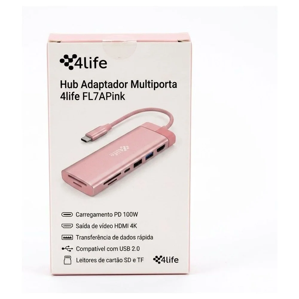 Imagem 4 de 5 do produto Hub Adaptador Multiporta 4life Fl7apink Usb-c / 7 Em 1 / Usb-c Pd 100w / Usb 3.0 / Usb 2.0 / HDMI / Usb-c 2.0 / Sd / Tf - Rosa