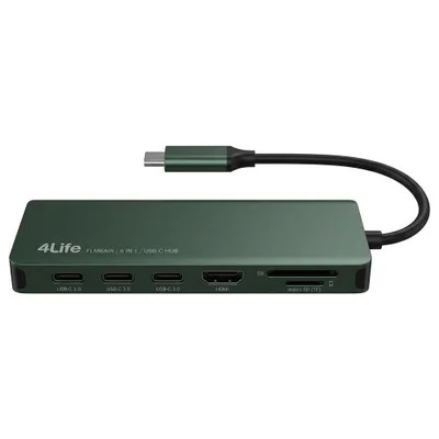 Hub Adaptador Multiporta 4life Flm6air / 6 Em 1 / Usb-c / 3x Usb-c 3.0 / HDMI / Sd / Tf - Dark Green
