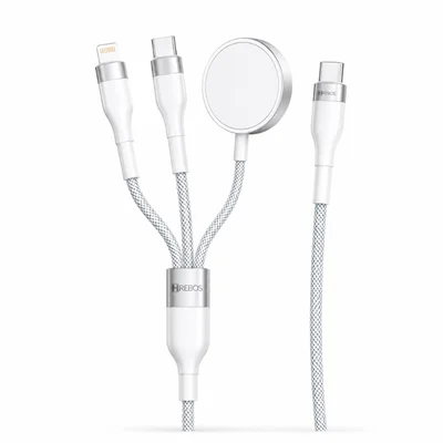 Hrebos Premium | Cabo 3 Em 1 Multipower Trio Crw-505 Branco – Type-c 60w + Lightning 27w + Wireless 2,5w Nylon Trançado