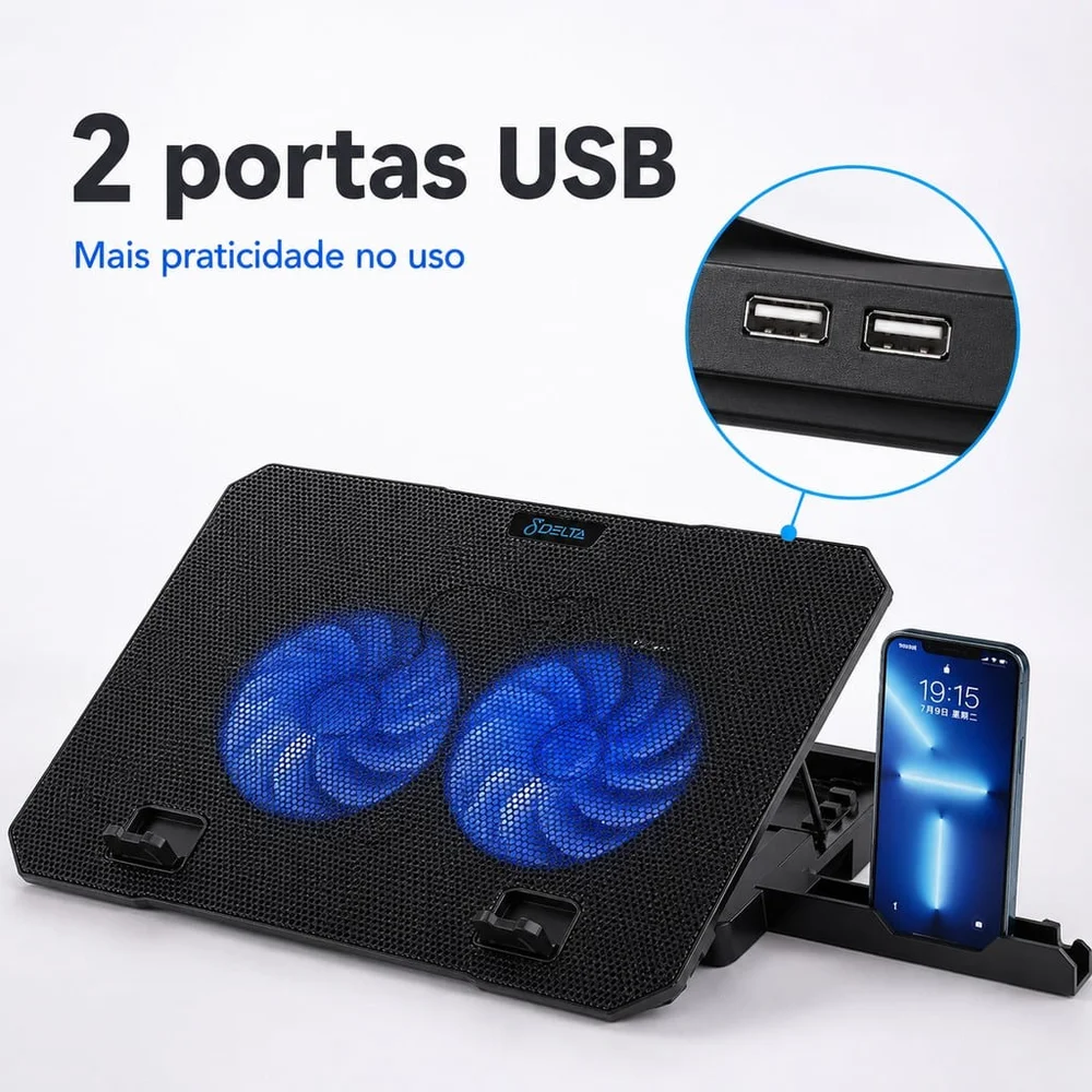 Imagem 2 de 5 do produto Base Refrigerada Cooler Gamer Para Notebook 2 Ventoinhas LED Azul Ajustável 2 Usb Suporte Celular Aitek Delta-b1022m