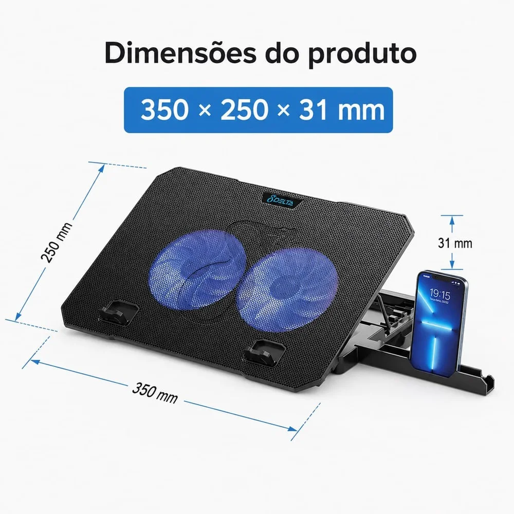 Imagem 3 de 5 do produto Base Refrigerada Cooler Gamer Para Notebook 2 Ventoinhas LED Azul Ajustável 2 Usb Suporte Celular Aitek Delta-b1022m