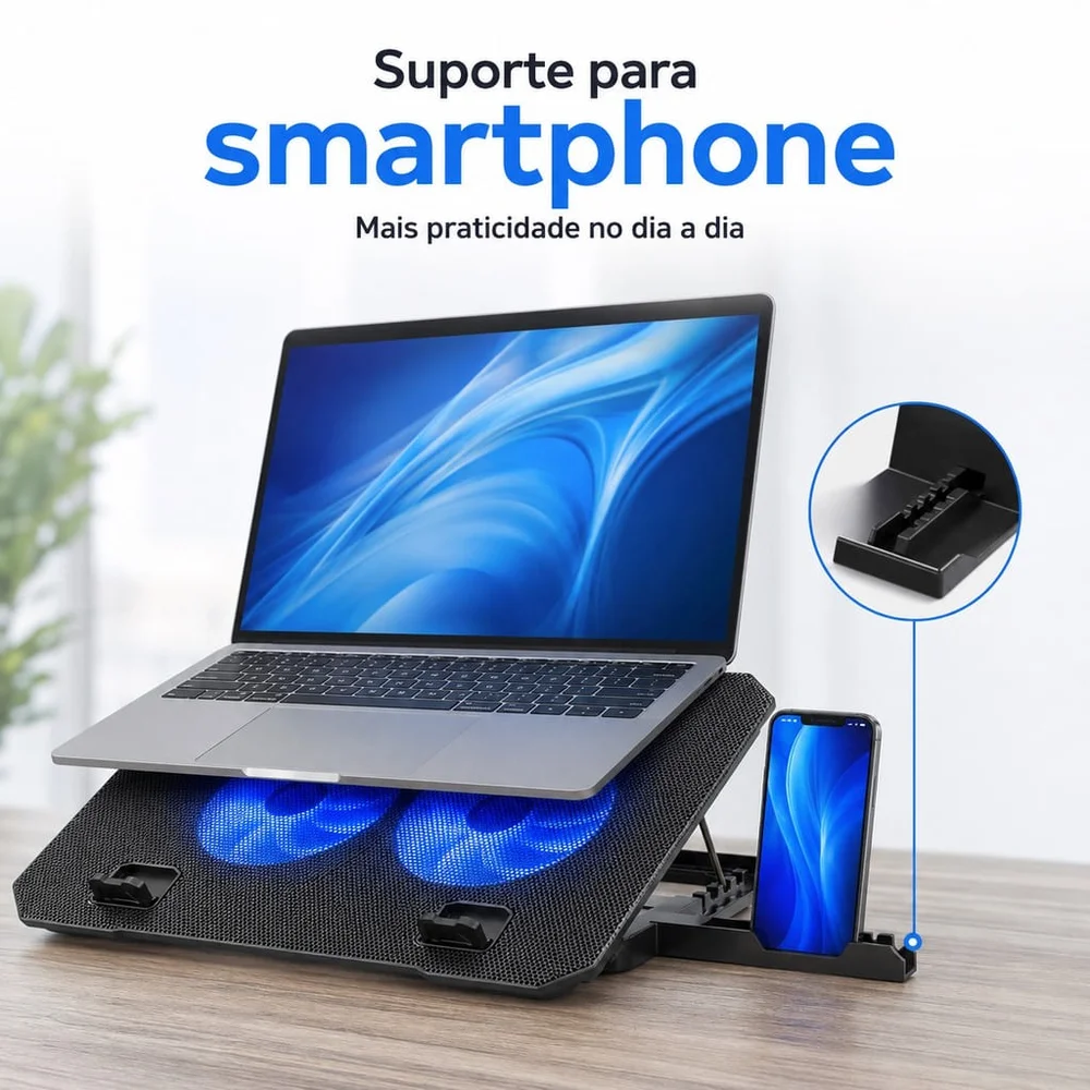 Imagem 4 de 5 do produto Base Refrigerada Cooler Gamer Para Notebook 2 Ventoinhas LED Azul Ajustável 2 Usb Suporte Celular Aitek Delta-b1022m