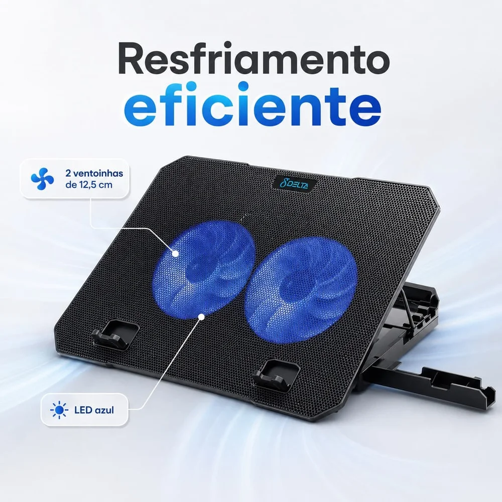 Imagem 5 de 5 do produto Base Refrigerada Cooler Gamer Para Notebook 2 Ventoinhas LED Azul Ajustável 2 Usb Suporte Celular Aitek Delta-b1022m