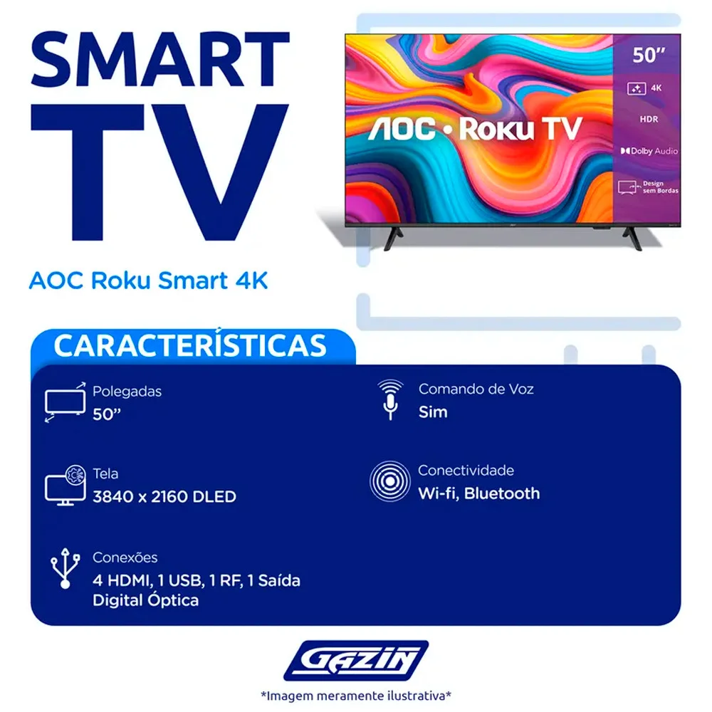 Imagem 3 de 5 do produto Smart Tv 50u7066/78g DLED 50 4k Wi-fi Roku Tv Aoc