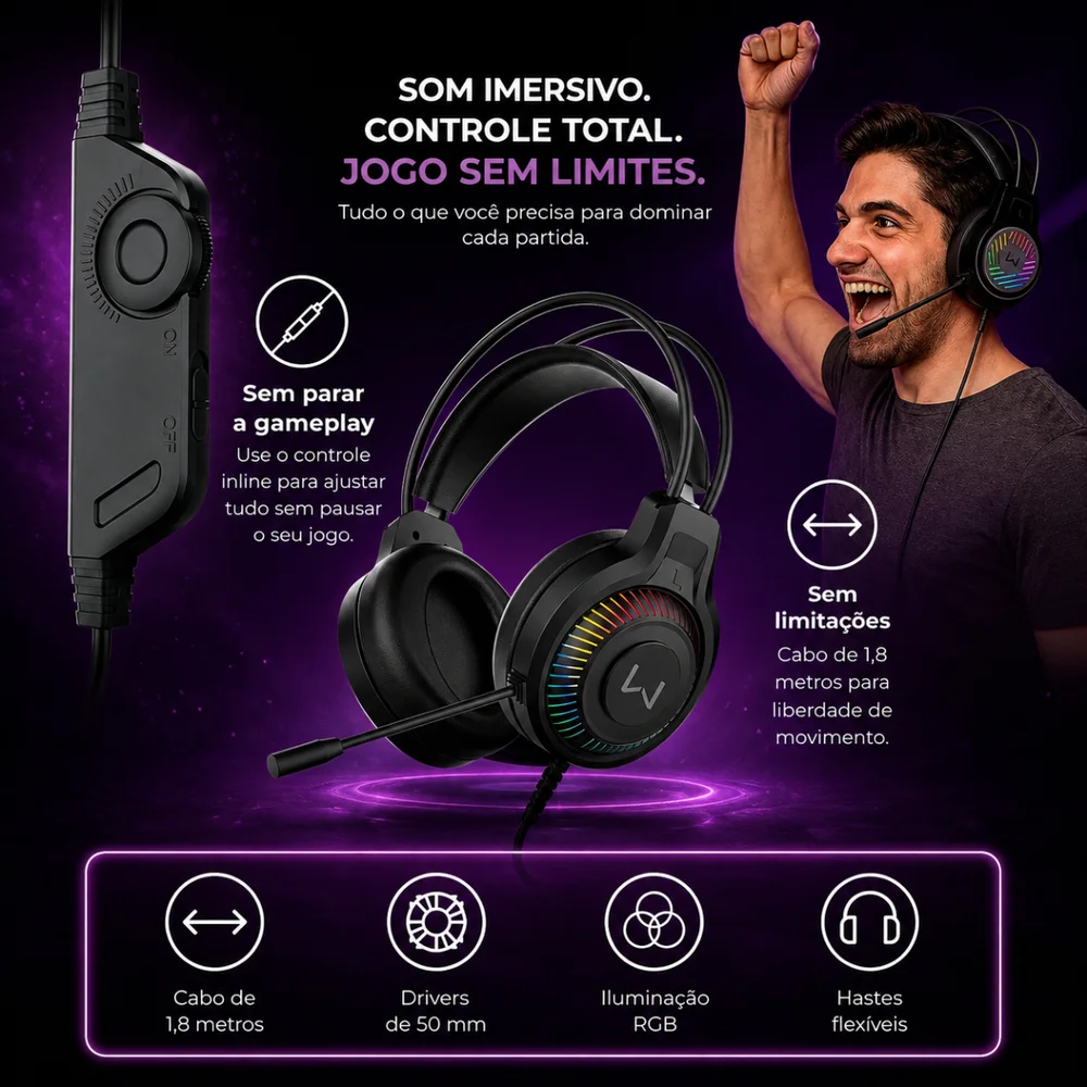Imagem 2 de 5 do produto Fone Headset Gamer RGB Mizar Preto Warrior P2 E Usb 3,5mm
