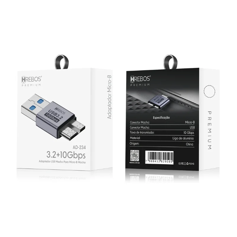Imagem 3 de 5 do produto Adaptador Usb 3.2 Para Micro Usb | Usb Macho Para Micro-b Macho 10gbps Hrebos Ad-234 – Alta Velocidade De Transferência