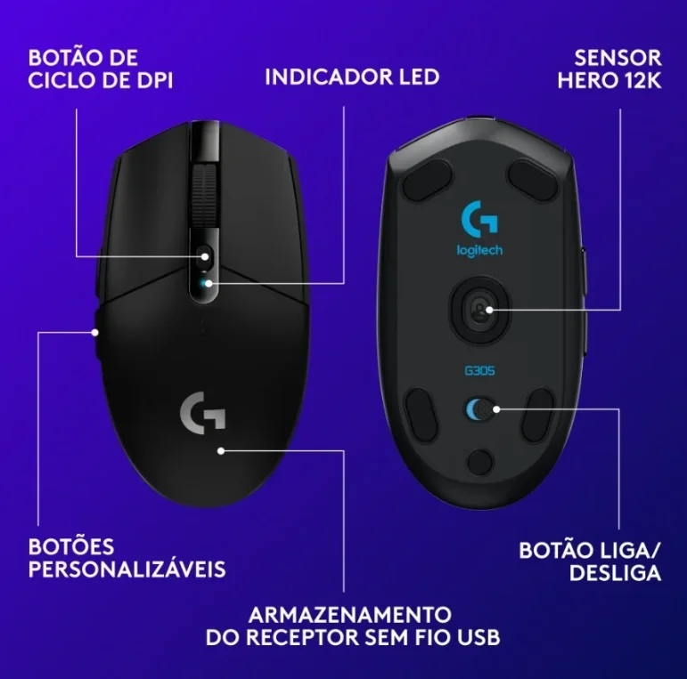 Imagem 3 de 3 do produto Mouse Gamer Logitech G304 (305)lightspeed Wireless Hero 12000 Dpi Preto