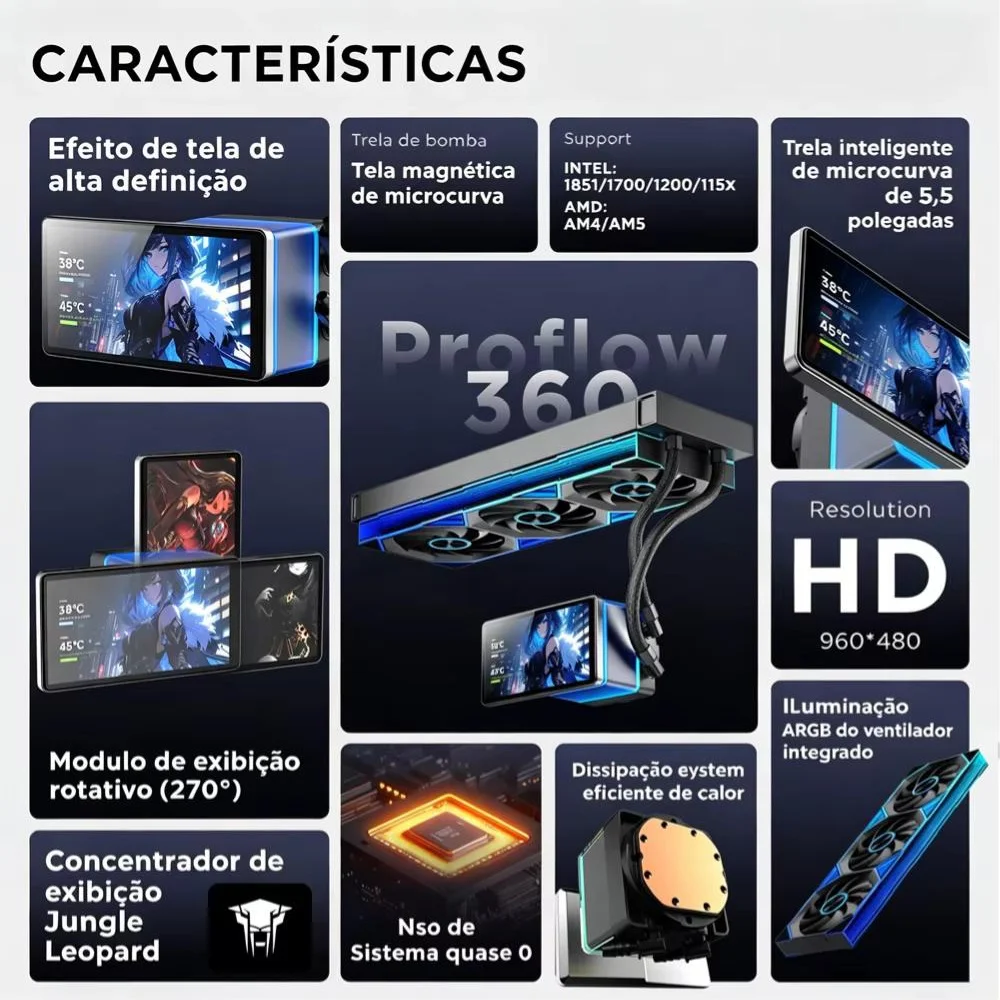 Imagem 3 de 3 do produto Water Cooler Jungle Leopard Pro Flow 360 ARGB Tela Lcd 5,5 Pol 360mm 3 Fans Pwm Intel/amd Branco