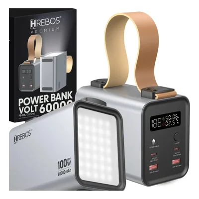 Power Bank Hrebos 60000mah 100w Usb-c Digital Pb-996 Cinza