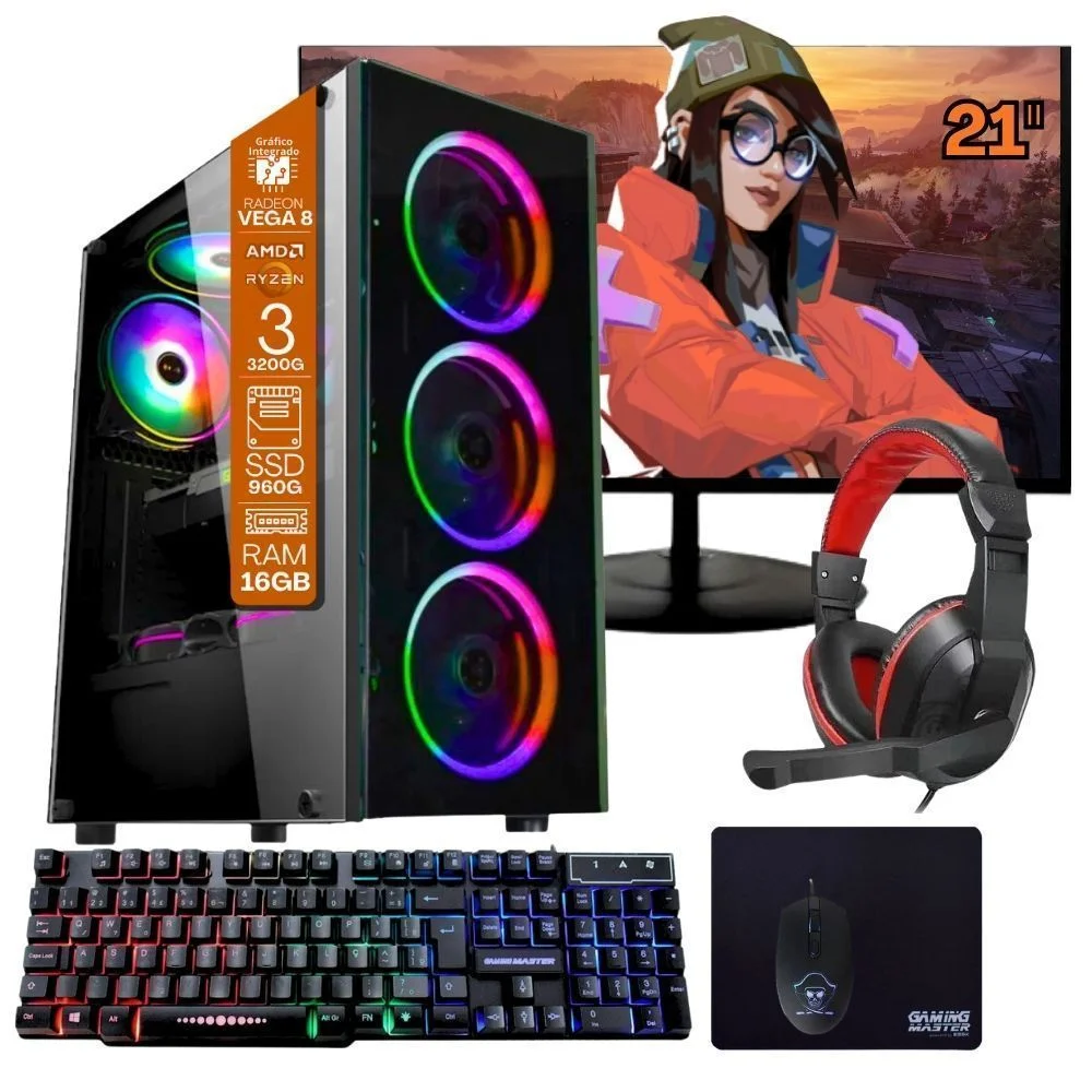 Computador Gamer Home Office Ryzen 3 3200g 16gb Ddr4 SSD 960gb Radeon Vega 8 WINDOWS 11 A320 Monitor 21.5 Pronto Para Uso