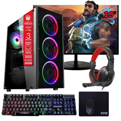 Computador Gamer Home Office Ryzen 3 3200g 16gb Ddr4 SSD 480GB Radeon Vega 8 WINDOWS 11 A320 Monitor 19 Pronto Para Uso