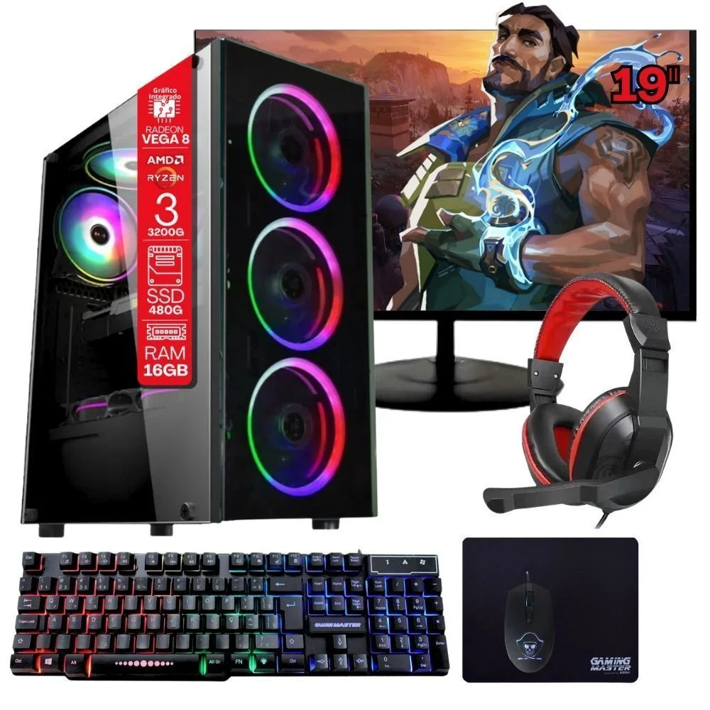Computador Gamer Home Office Ryzen 3 3200g 16gb Ddr4 SSD 480GB Radeon Vega 8 WINDOWS 11 A320 Monitor 19 Pronto Para Uso