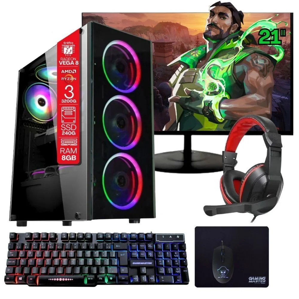 Computador Gamer Home Office Ryzen 3 3200g 8GB Ddr4 SSD 240GB Radeon Vega 8 WINDOWS 11 A320 Monitor 21.5 Pronto Para Uso