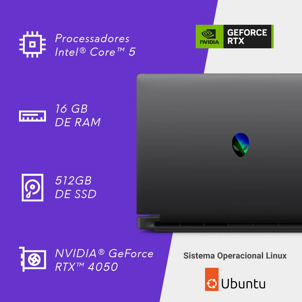 Imagem 4 de 5 do produto Notebook Gamer Dell Alienware 15 Da15260 Da15-c5210h-u40 15,3" Wuxga Intel Core5 16gb 512gbssd Nvidia RTX4050 Ubuntu