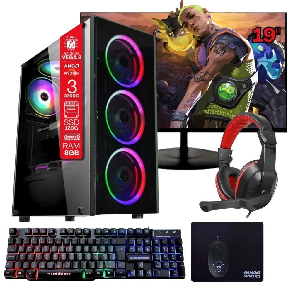 Computador Gamer Home Office Ryzen 3 3200g 8GB Ddr4 SSD 120GB Radeon Vega 8 WINDOWS 11 A320 Monitor 19 Pronto Para Uso