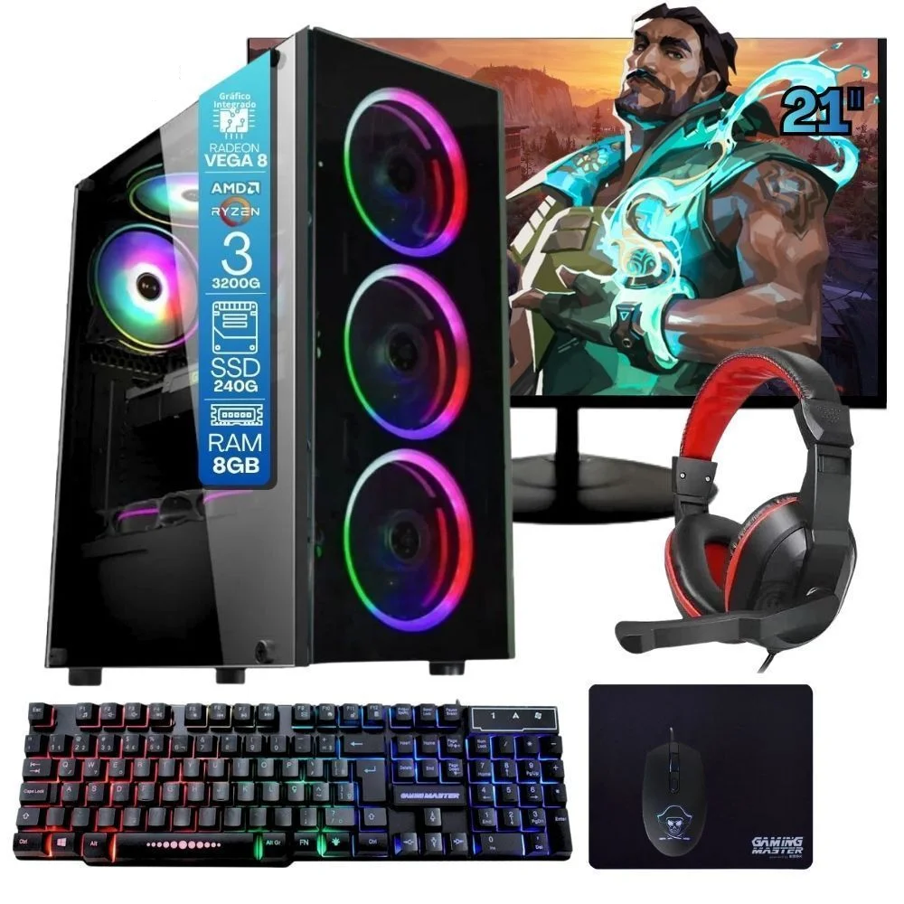 Computador Gamer Home Office Ryzen 3 3200g 16gb Ddr4 SSD 240GB Radeon Vega 8 WINDOWS 11 A320 Monitor 21.5 Pronto Para Uso