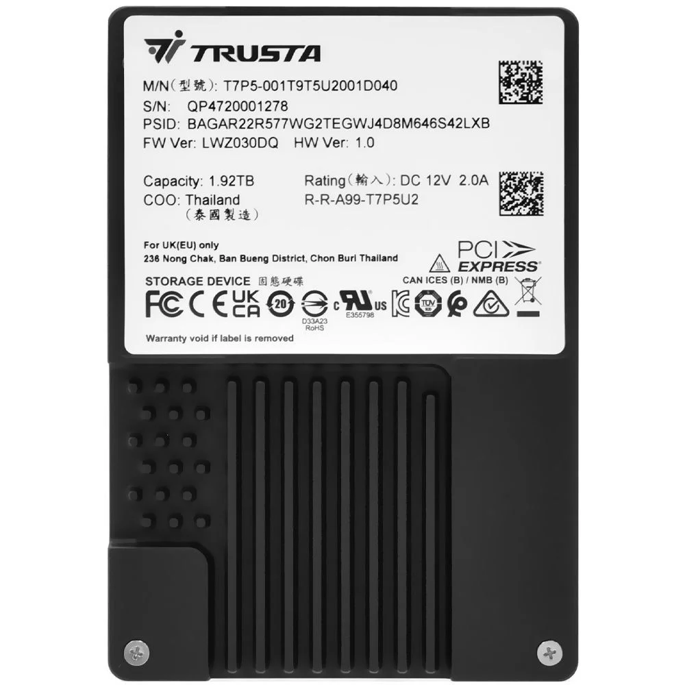 Imagem 3 de 3 do produto SSD Trusta T7p5-003t8t5u2001d040 U.2 3.84TB 2.5 Server Datacenter Nvme PCie Alta Performance