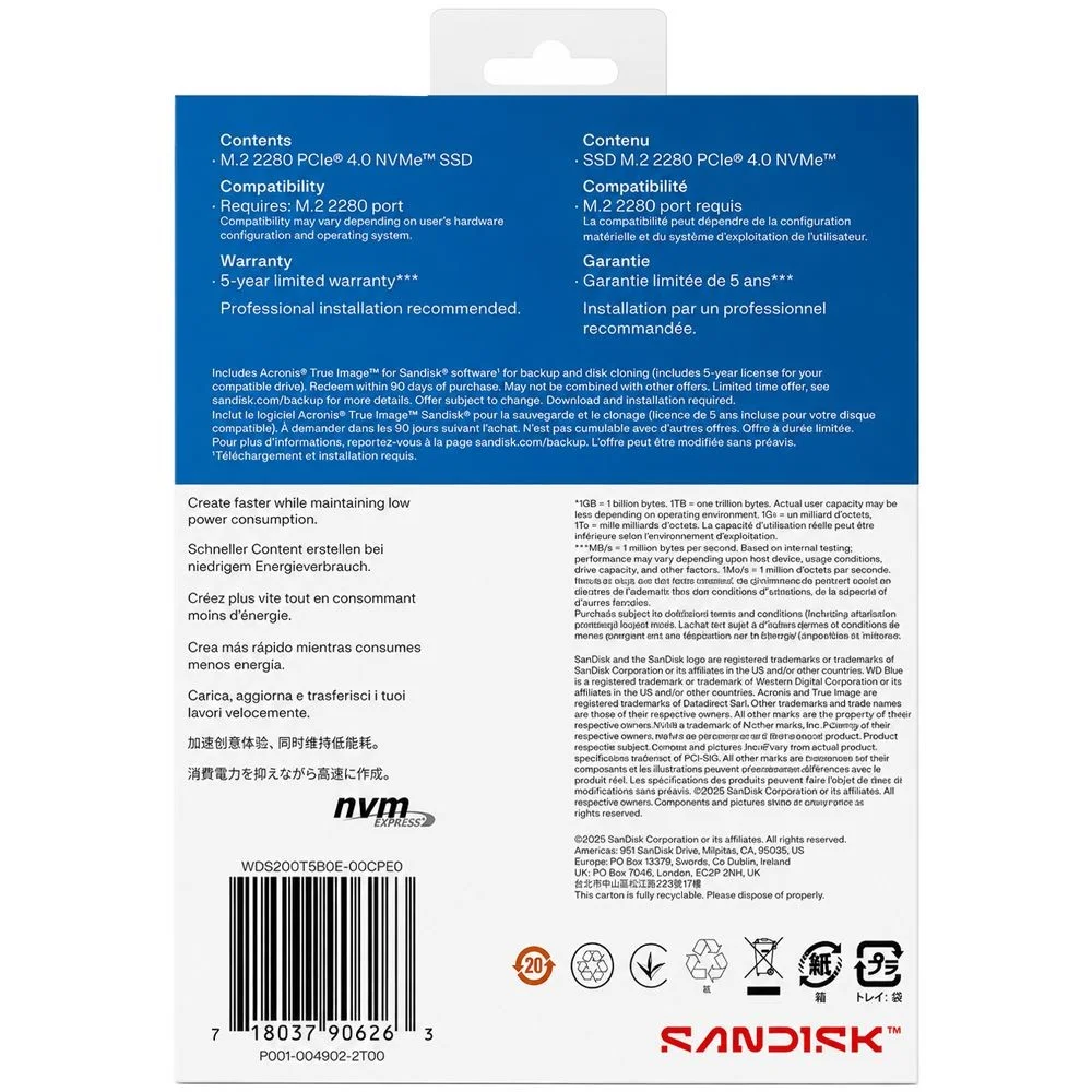 SSD Sandisk M.2 2TB Wd Blue Sn5100 Nvme Wds200t5b0e PCie 4.0 Leitura Interno Gamer Computador Notebook