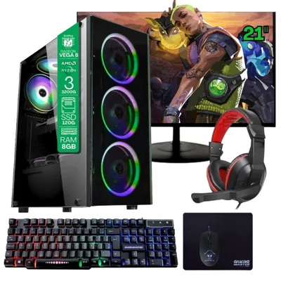 Computador Gamer Home Office Ryzen 3 3200g 8GB Ddr4 SSD 120GB Radeon Vega 8 WINDOWS 11 A320 Monitor 21.5 Pronto Para Uso