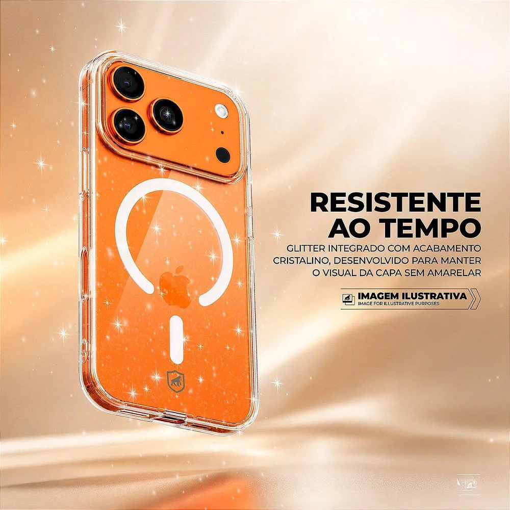 Imagem 2 de 5 do produto Capa Case Capinha Para Iphone 17 Pro / 18 Pro - Crystal Slim Magsafe - Não Amarela - Transparente Glitter - Gshield