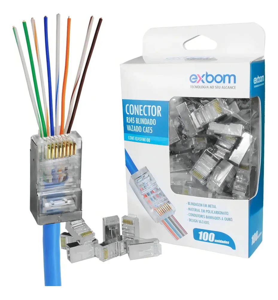 Imagem 2 de 3 do produto Kit 100 Conectores Rj45  Cat5e Cat6 Vazado