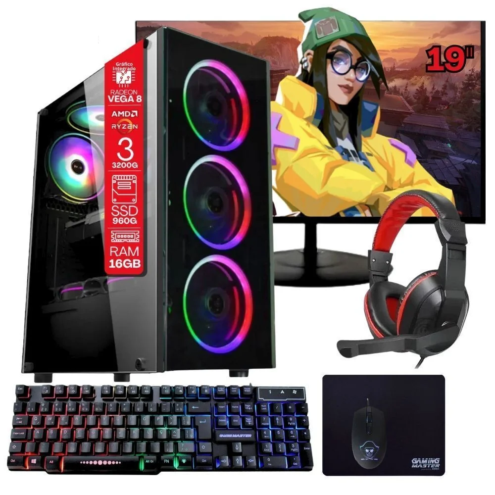 Computador Gamer Home Office Ryzen 3 3200g 16gb Ddr4 SSD 960gb Radeon Vega 8 WINDOWS 11 A320 Monitor 19 Pronto Para Uso
