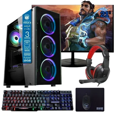 Computador Gamer Home Office Ryzen 3 3200g 16gb Ddr4 SSD 480GB Radeon Vega 8 WINDOWS 11 A320 Monitor 21.5 Pronto Para Uso