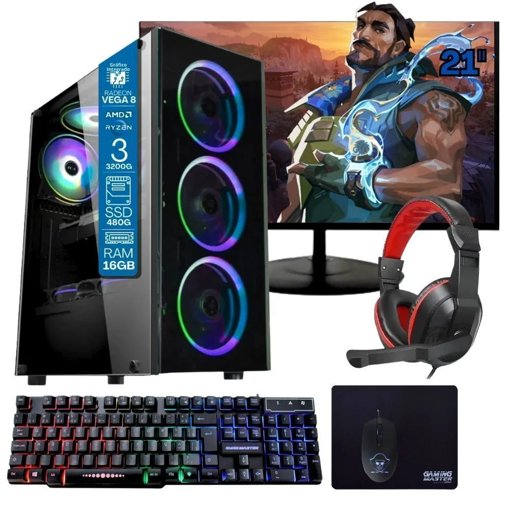 Computador Gamer Home Office Ryzen 3 3200g 16gb Ddr4 SSD 480GB Radeon Vega 8 WINDOWS 11 A320 Monitor 21.5 Pronto Para Uso