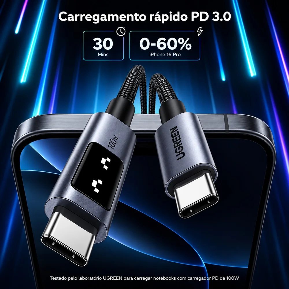 Imagem 3 de 5 do produto Cabo Ugreen Uno Usb-c Para Usb-c Nylon Trancado 100w 1m - L509