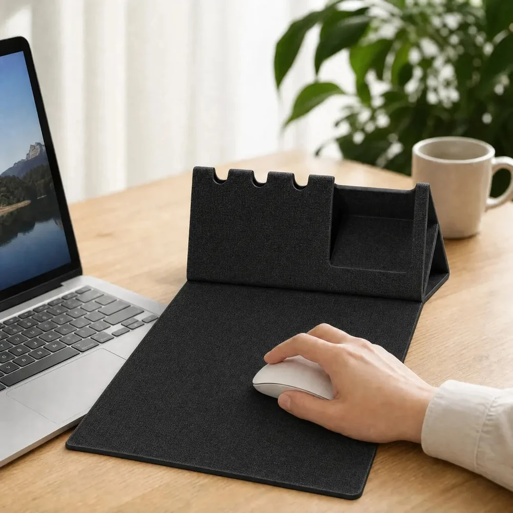Imagem 2 de 5 do produto Tapete Para Mouse Com Suporte Para Celular E Canetas - Cinza