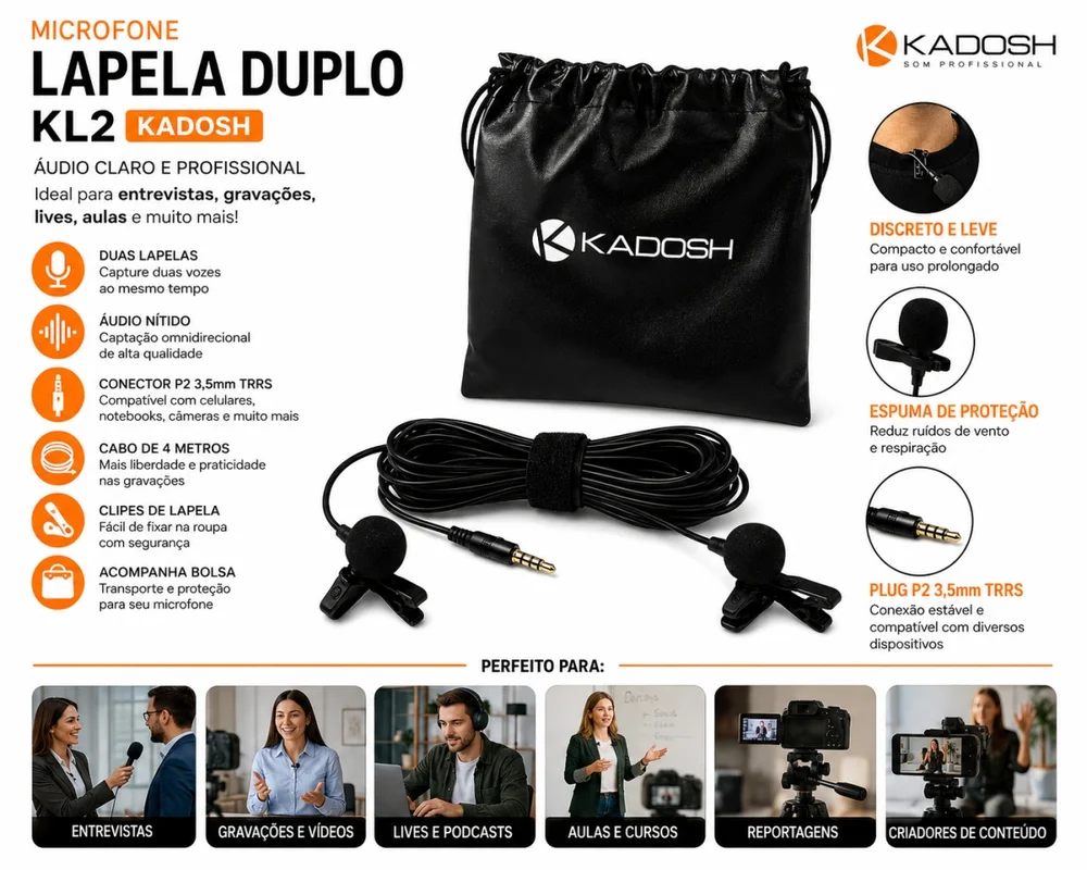 Imagem 3 de 4 do produto Microfone Lapela Duplo Kadosh Kl2 P2 3,5mm Celular Notebook
