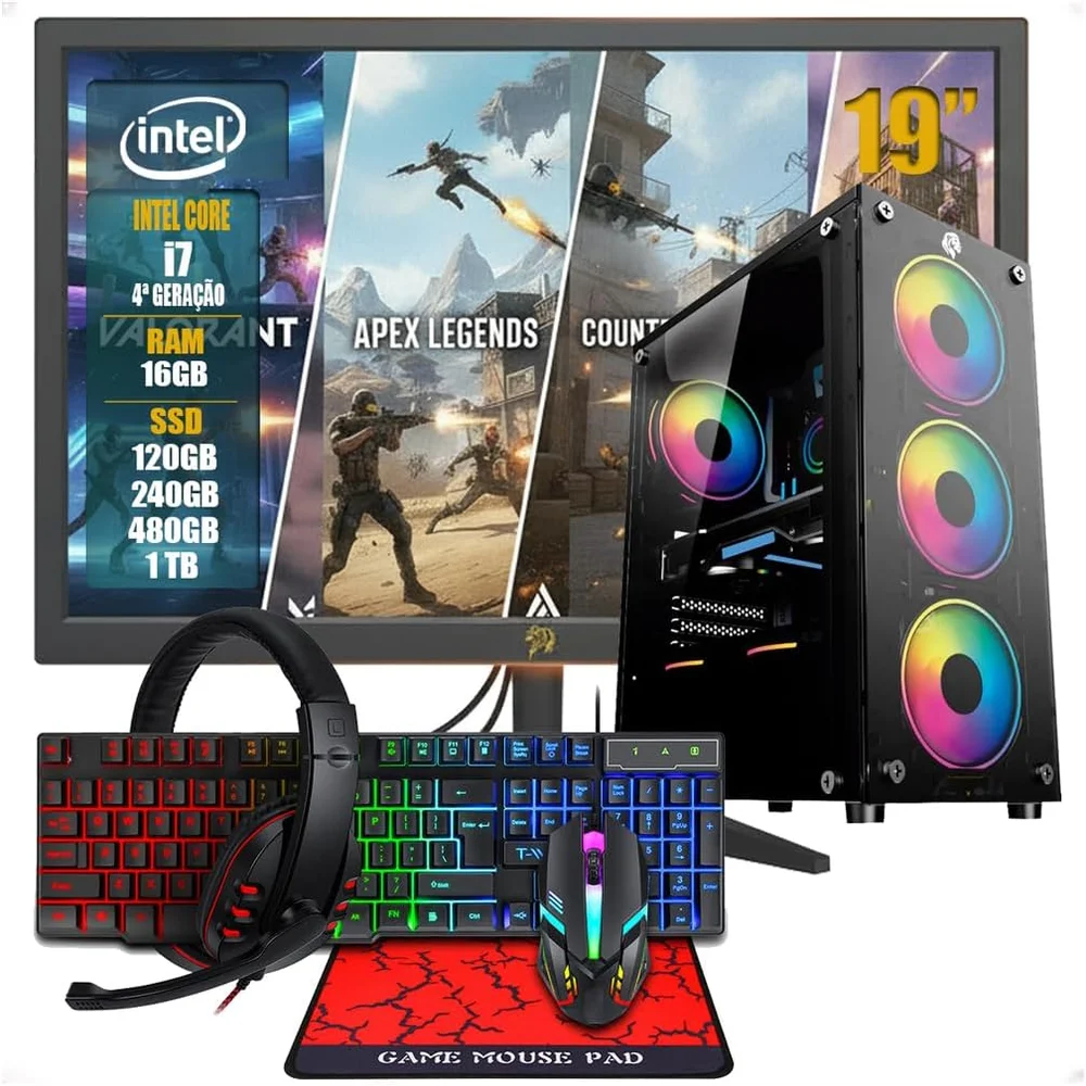 PC Computador Gamer Completo | Intel i7 | 8GB | SSD 1TB | Monitor + Teclado + Mouse + Headset + Mouse Pad + Wi-fi