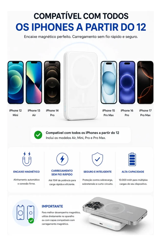 Imagem 2 de 5 do produto Power Bank Magnético Por Indução 10000mah – Carregador Portátil Sem Fio Cor:branco
