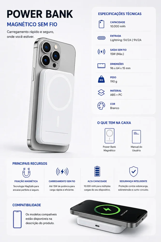 Imagem 4 de 5 do produto Power Bank Magnético Por Indução 10000mah – Carregador Portátil Sem Fio Cor:branco