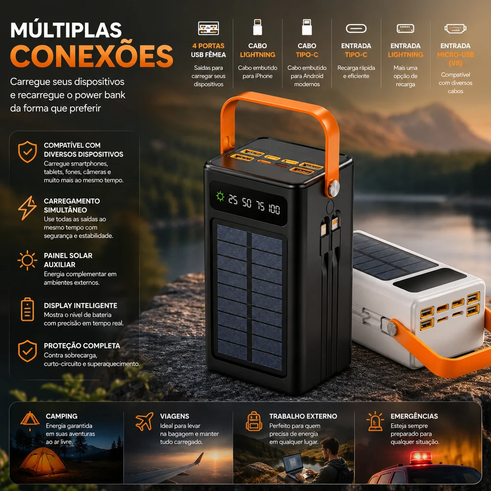 Imagem 2 de 5 do produto Power Bank 50000 Mah Portatil Carregador Turbo Pesca Trabalho Viagens Com Painel Solar E Lanterna
