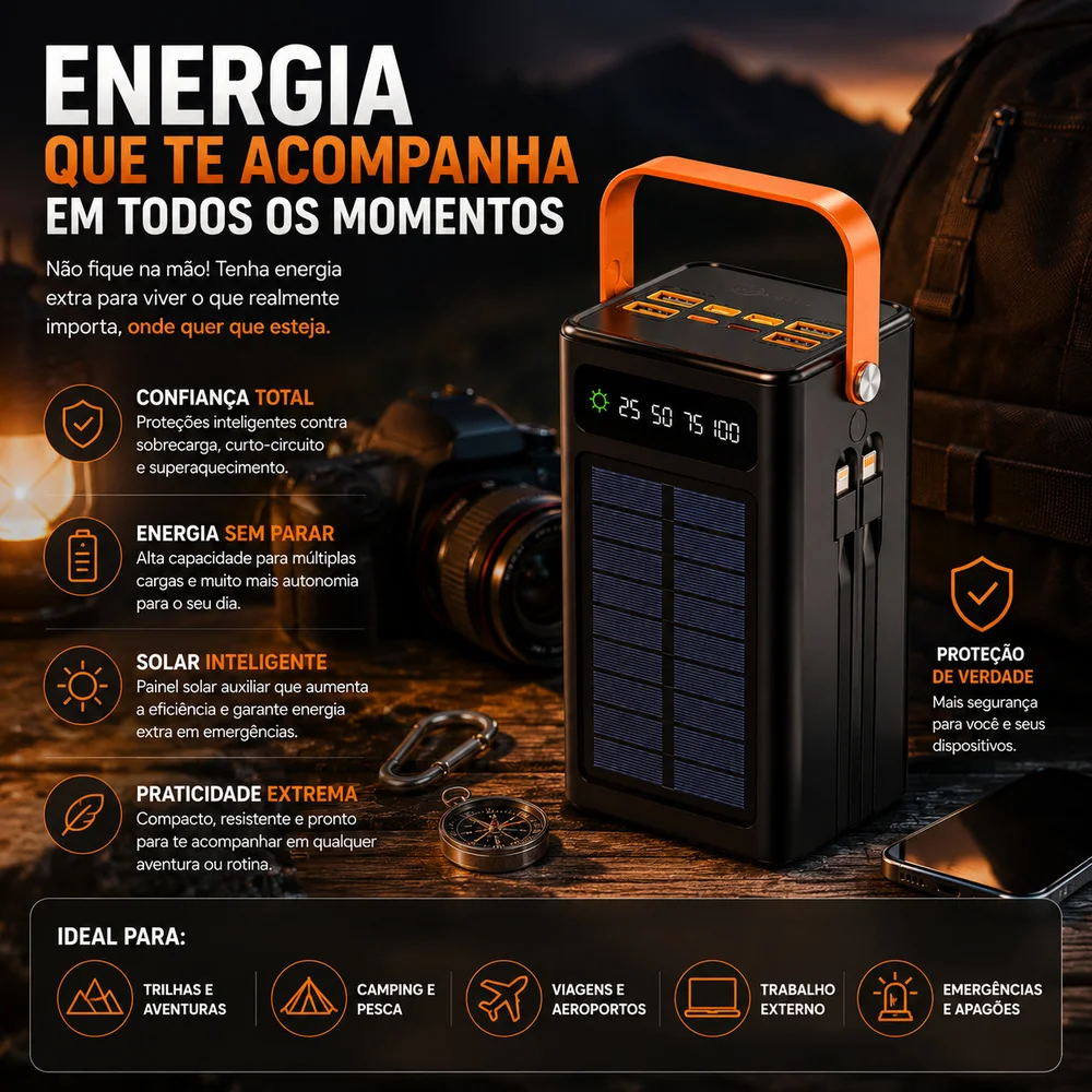 Imagem 3 de 5 do produto Power Bank 50000 Mah Portatil Carregador Turbo Pesca Trabalho Viagens Com Painel Solar E Lanterna