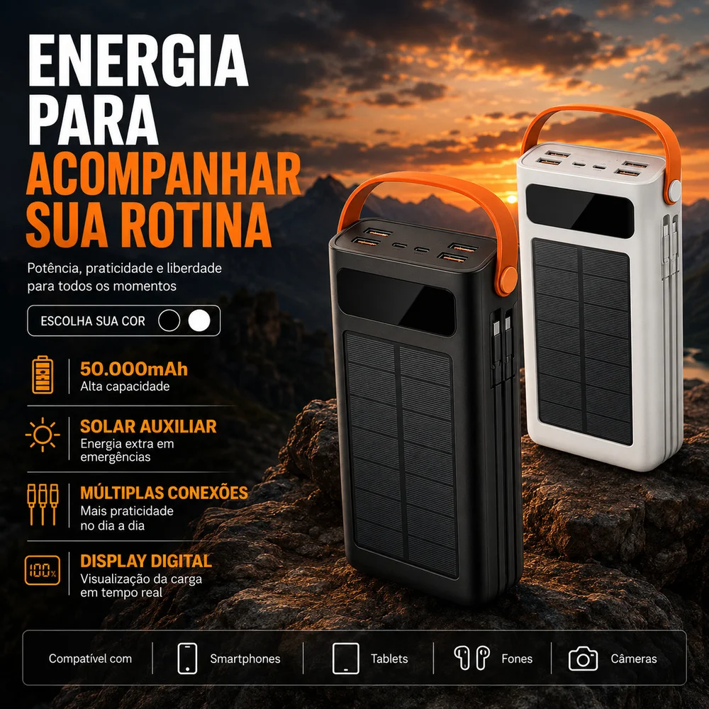 Imagem 5 de 5 do produto Power Bank 50000 Mah Portatil Carregador Turbo Pesca Trabalho Viagens Com Painel Solar E Lanterna