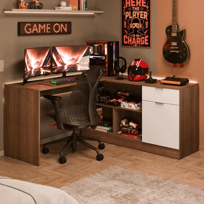 Escrivaninha Em L Para Computador Gamer Rustic/branco Roma Madesa