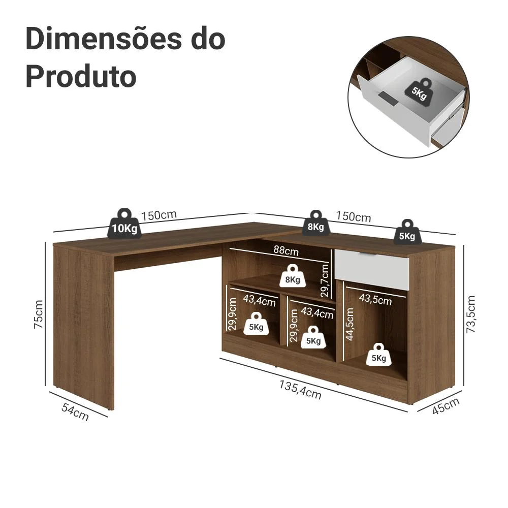 Imagem 2 de 5 do produto Escrivaninha Em L Para Computador Gamer Rustic/branco Roma Madesa