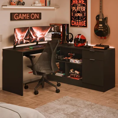 Escrivaninha Em L Para Computador Gamer Preto Roma Madesa