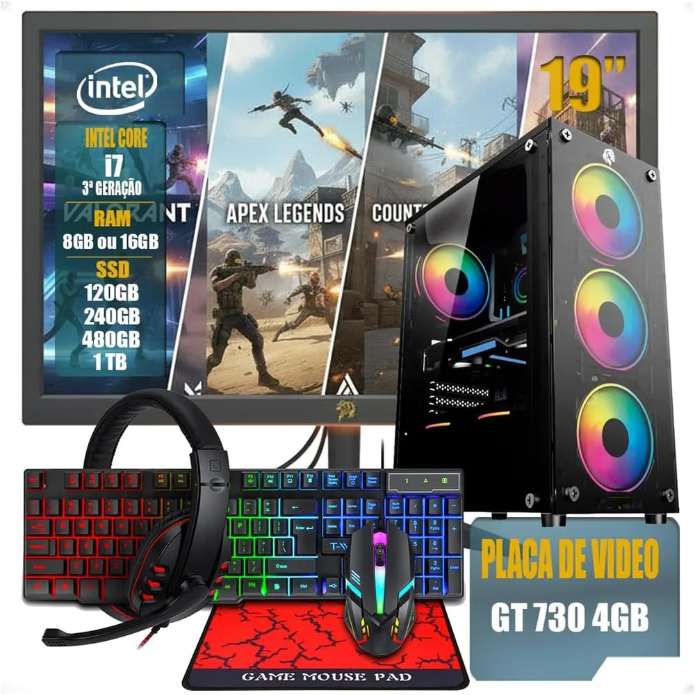 PC Gamer Completo Intel Core i7 | 16gb Ram | SSD 120GB | Geforce Gt 730 4gb | Monitor 19" + Kit Gamer 4 Em 1 + Wi-fi