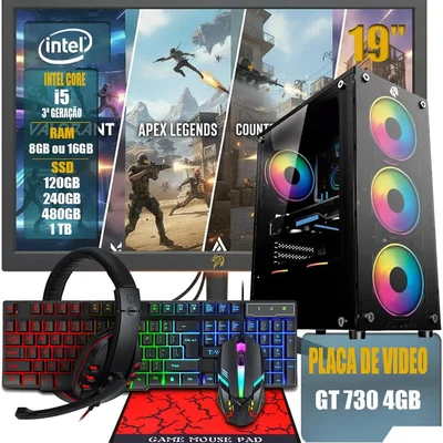 PC Gamer Completo Intel Core i5 | 8GB Ram | SSD 120GB | Geforce Gt 730 4gb | Monitor 19" + Kit Gamer 4 Em 1 + Wi-fi