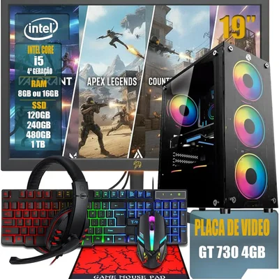 PC Gamer Completo Intel Core i5 | 8GB Ram | SSD 120GB | Geforce Gt 730 4gb | Monitor 19" + Kit Gamer 4 Em 1 + Wi-fi