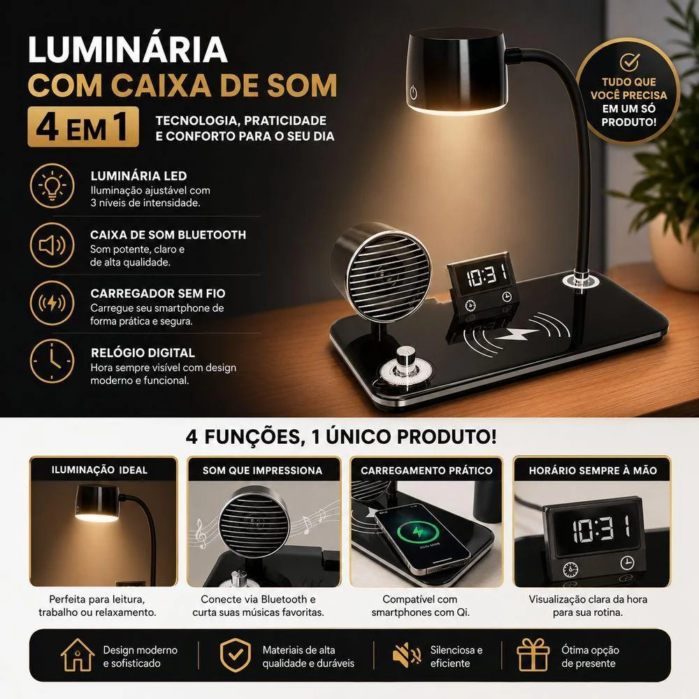 Imagem 2 de 5 do produto Luminária De Mesa Com Caixa De Som E Carregador Sem Fio Utimix 4 Em 1 LED Ajustável Bluetooth