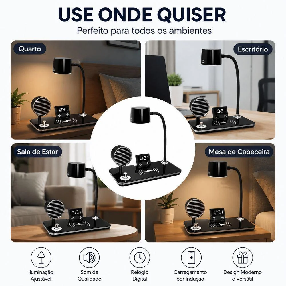 Imagem 4 de 5 do produto Luminária De Mesa Com Caixa De Som E Carregador Sem Fio Utimix 4 Em 1 LED Ajustável Bluetooth